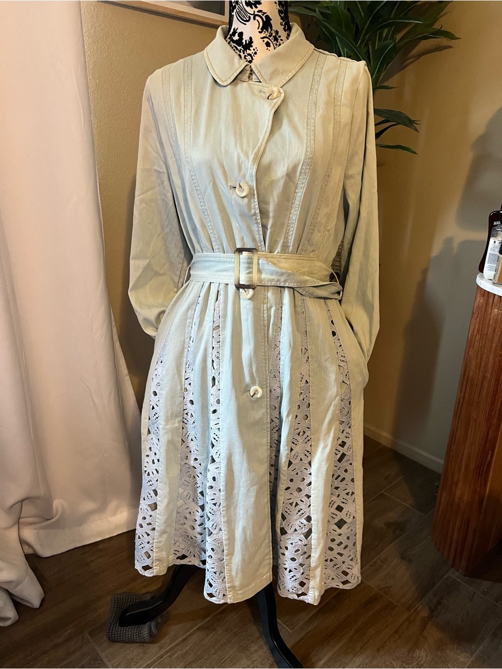 Soft Surroundings Chambray Denim Lace Inset Trench Coat